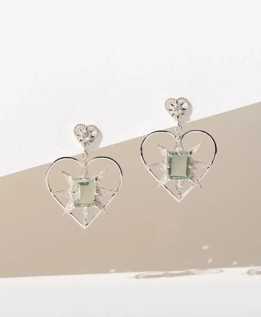 Shining Heart Earrings | Sterling Silver | White Zircon & Green Amethyst