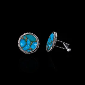 Silver Blue Copper Turquoise Leaf Cufflinks