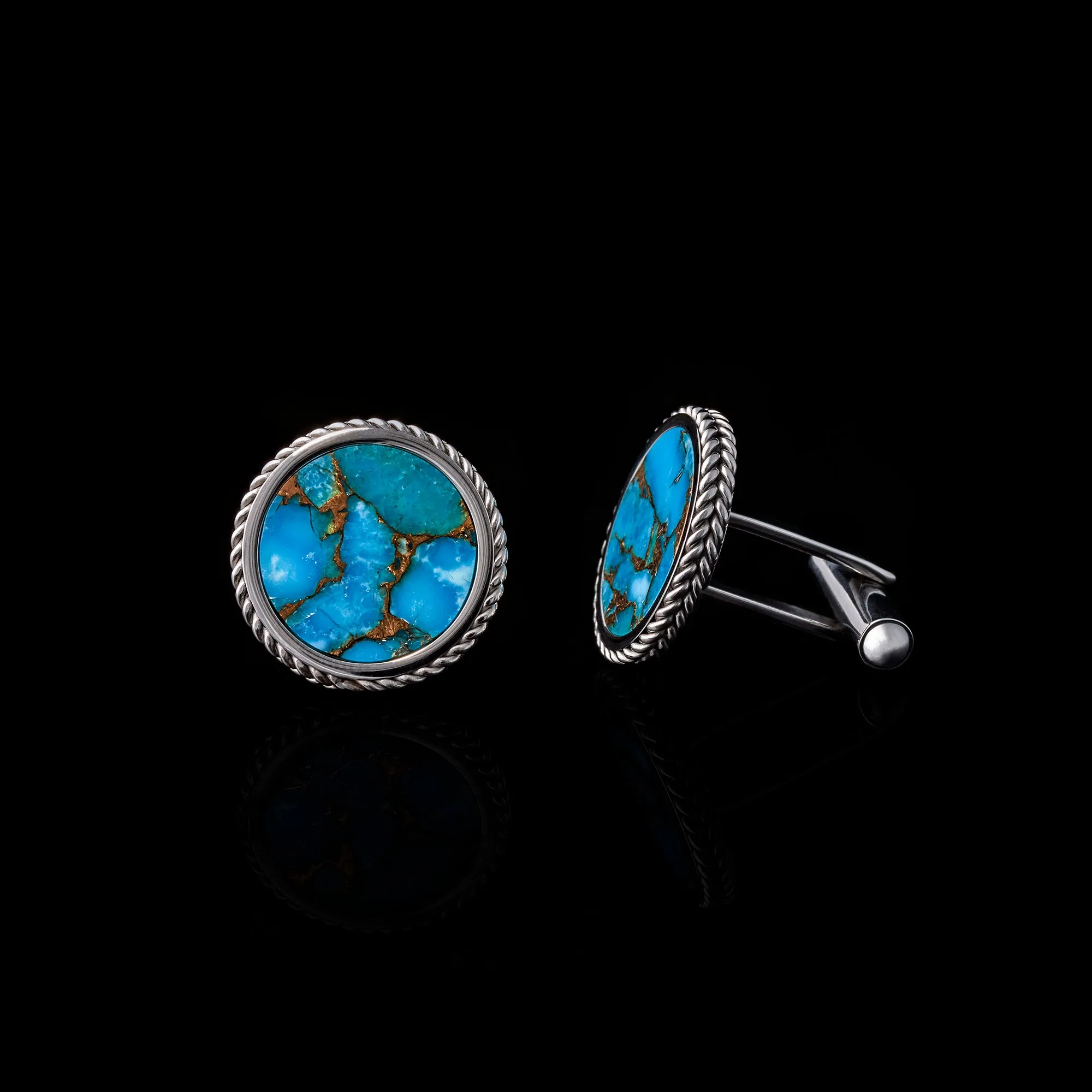 Silver Blue Copper Turquoise Leaf Cufflinks