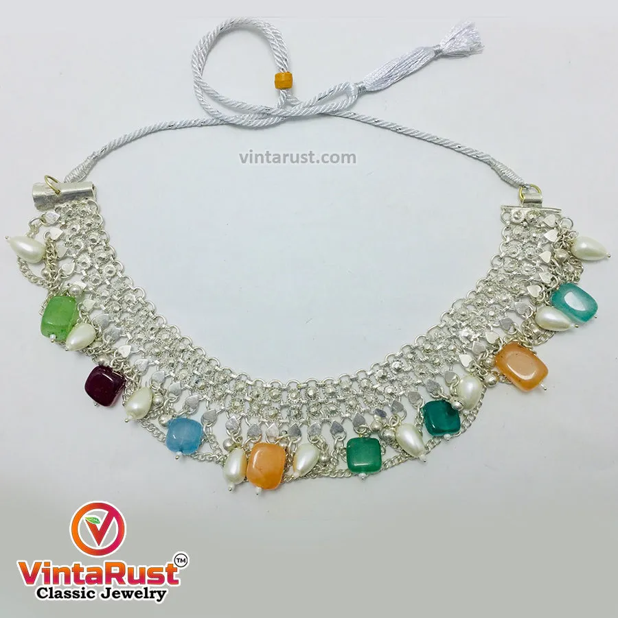 Silver Kuchi Choker Necklace With Multicolor Stones and Pearls