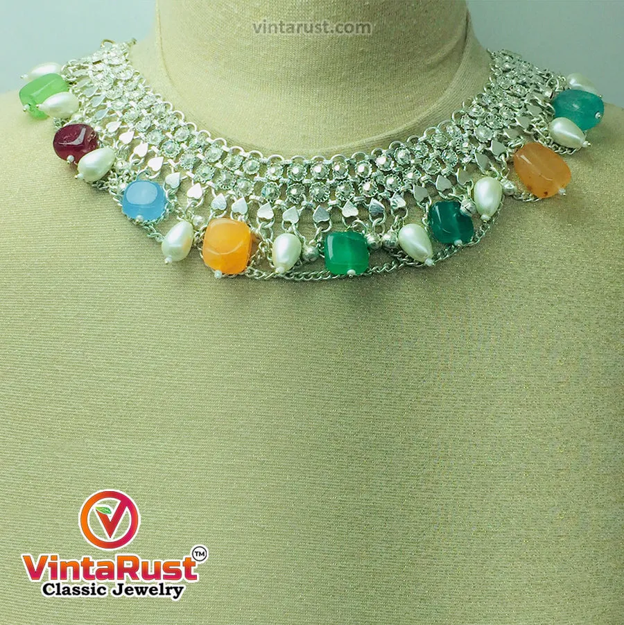 Silver Kuchi Choker Necklace With Multicolor Stones and Pearls