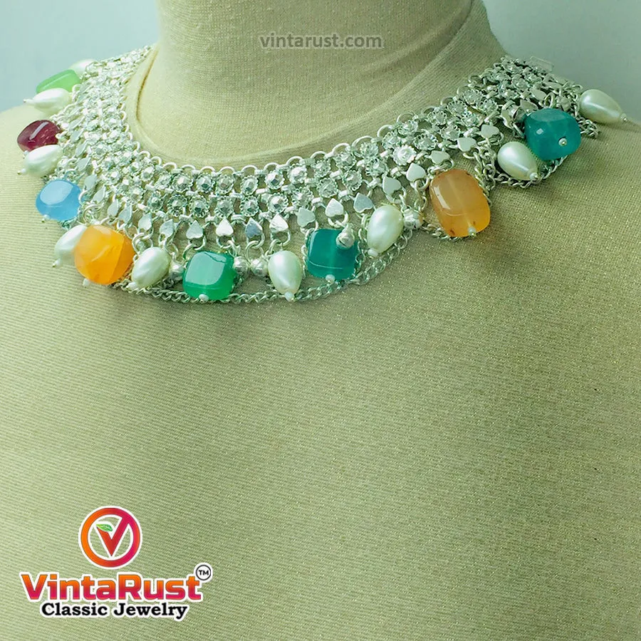 Silver Kuchi Choker Necklace With Multicolor Stones and Pearls