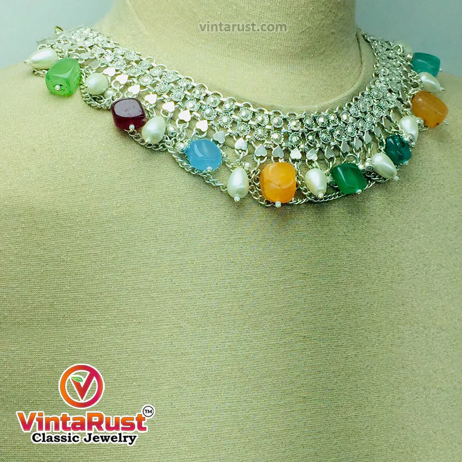 Silver Kuchi Choker Necklace With Multicolor Stones and Pearls