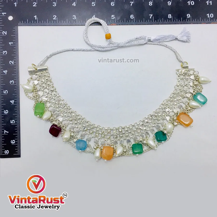 Silver Kuchi Choker Necklace With Multicolor Stones and Pearls