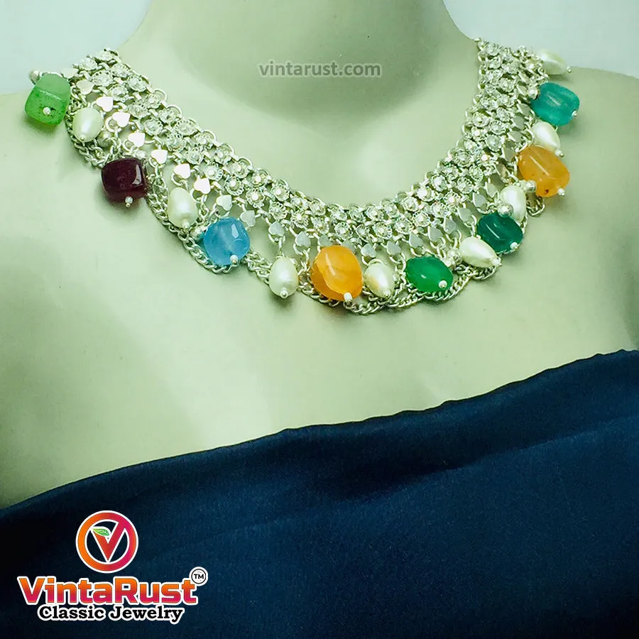 Silver Kuchi Choker Necklace With Multicolor Stones and Pearls