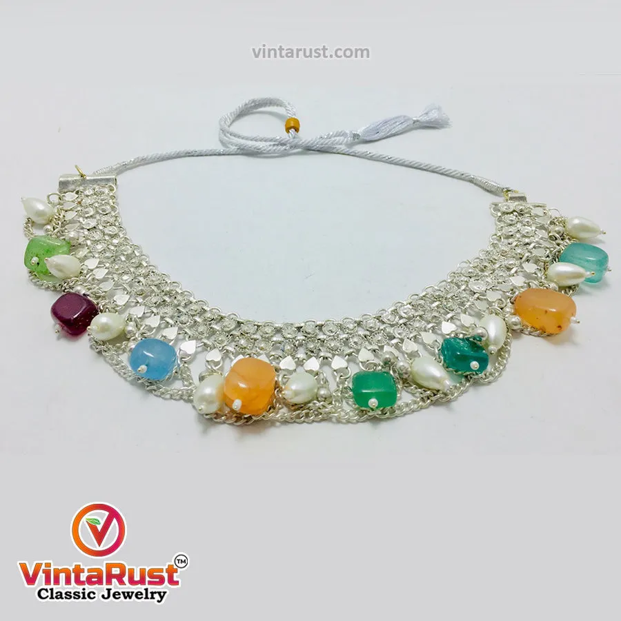 Silver Kuchi Choker Necklace With Multicolor Stones and Pearls