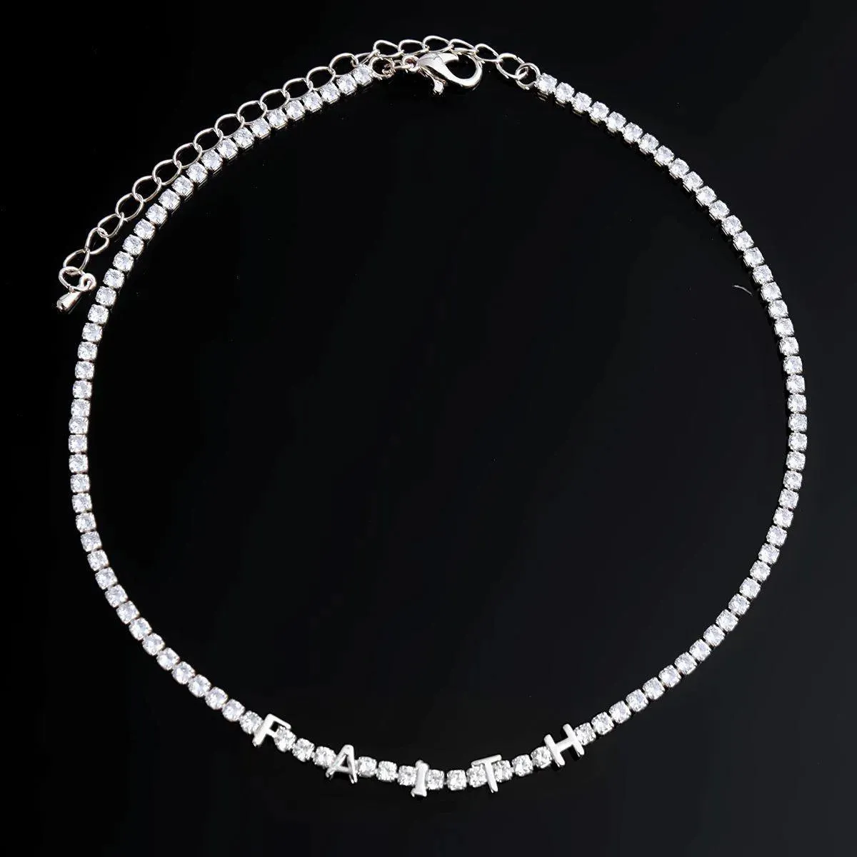 Silver Plated CZ Tennis Choker Necklace Faith Letters