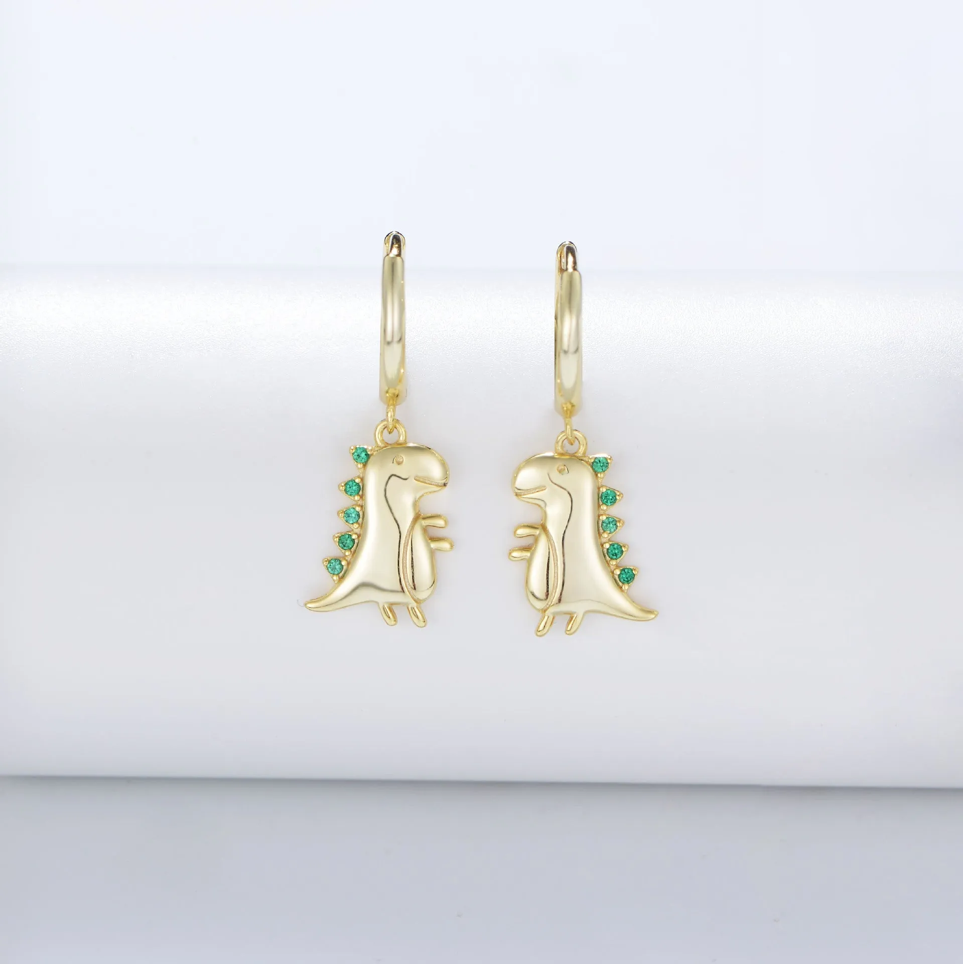 Small Dinosaur with Green Zircon Silver Hoop Earrings for Women