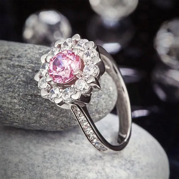 Snowflake 925 Sterling Silver Wedding Promise Anniversary Ring 1 Ct Fancy Pink Simulated Diamond