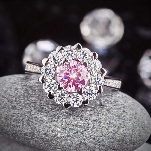 Snowflake 925 Sterling Silver Wedding Promise Anniversary Ring 1 Ct Fancy Pink Simulated Diamond
