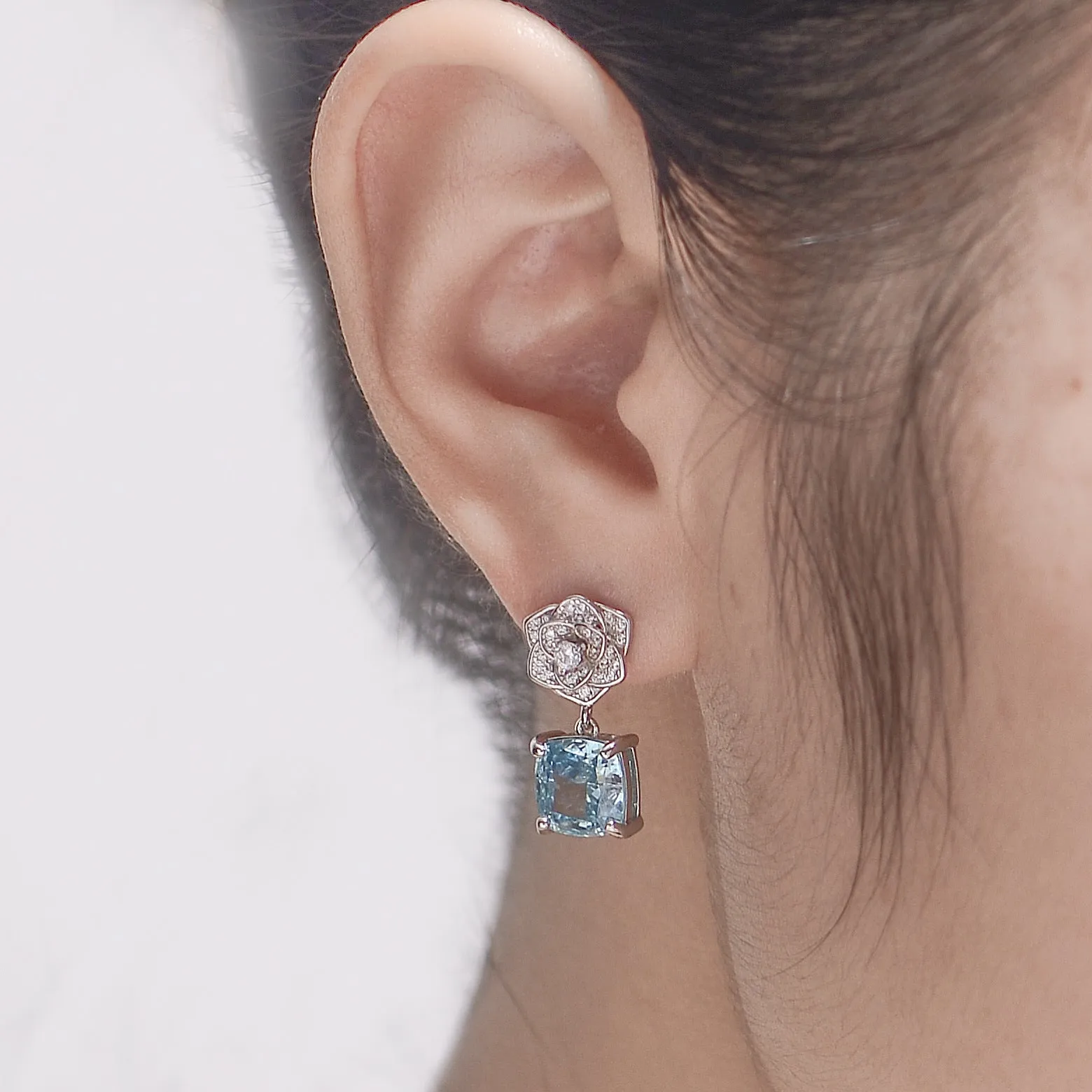 Square Green Zircon Camellia Drop Earrings