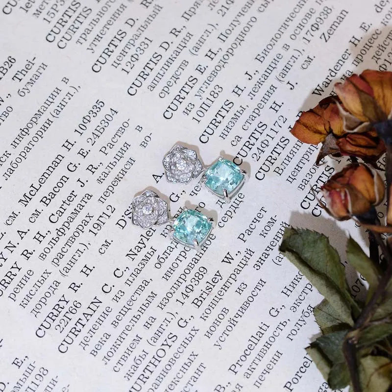 Square Green Zircon Camellia Drop Earrings