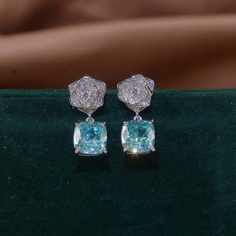 Square Green Zircon Camellia Drop Earrings