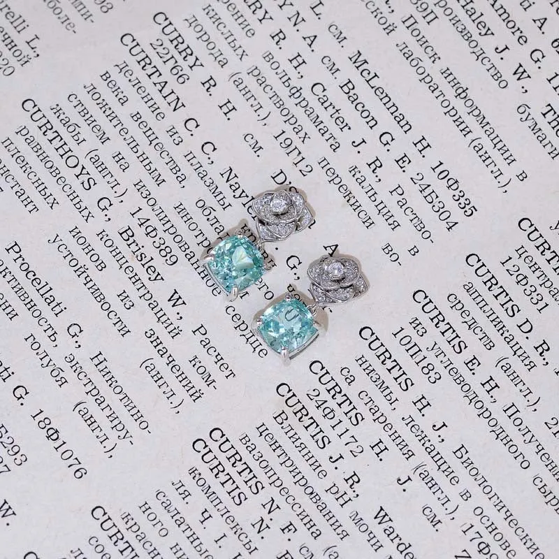 Square Green Zircon Camellia Drop Earrings