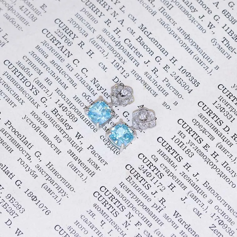 Square Sea Blue Zircon Camellia Drop Earrings