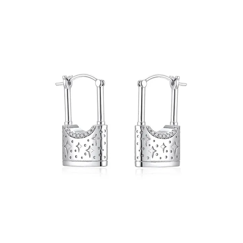 Star Pattern Lock with Zircon Silver Drop Earrings for Women