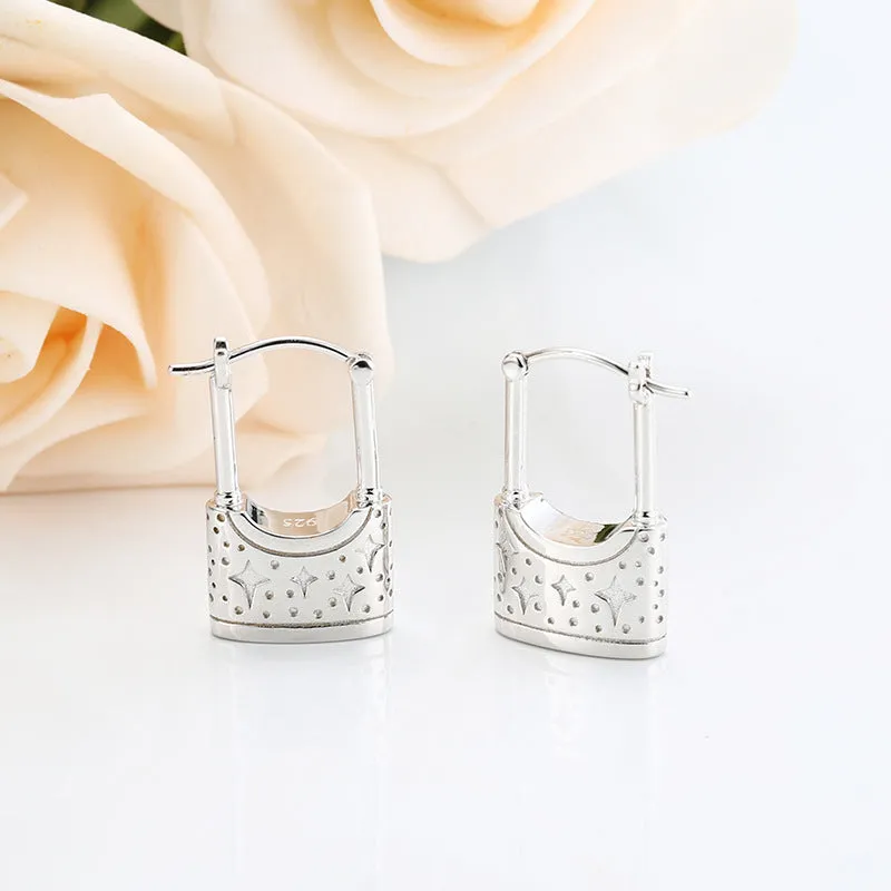 Star Pattern Lock with Zircon Silver Drop Earrings for Women
