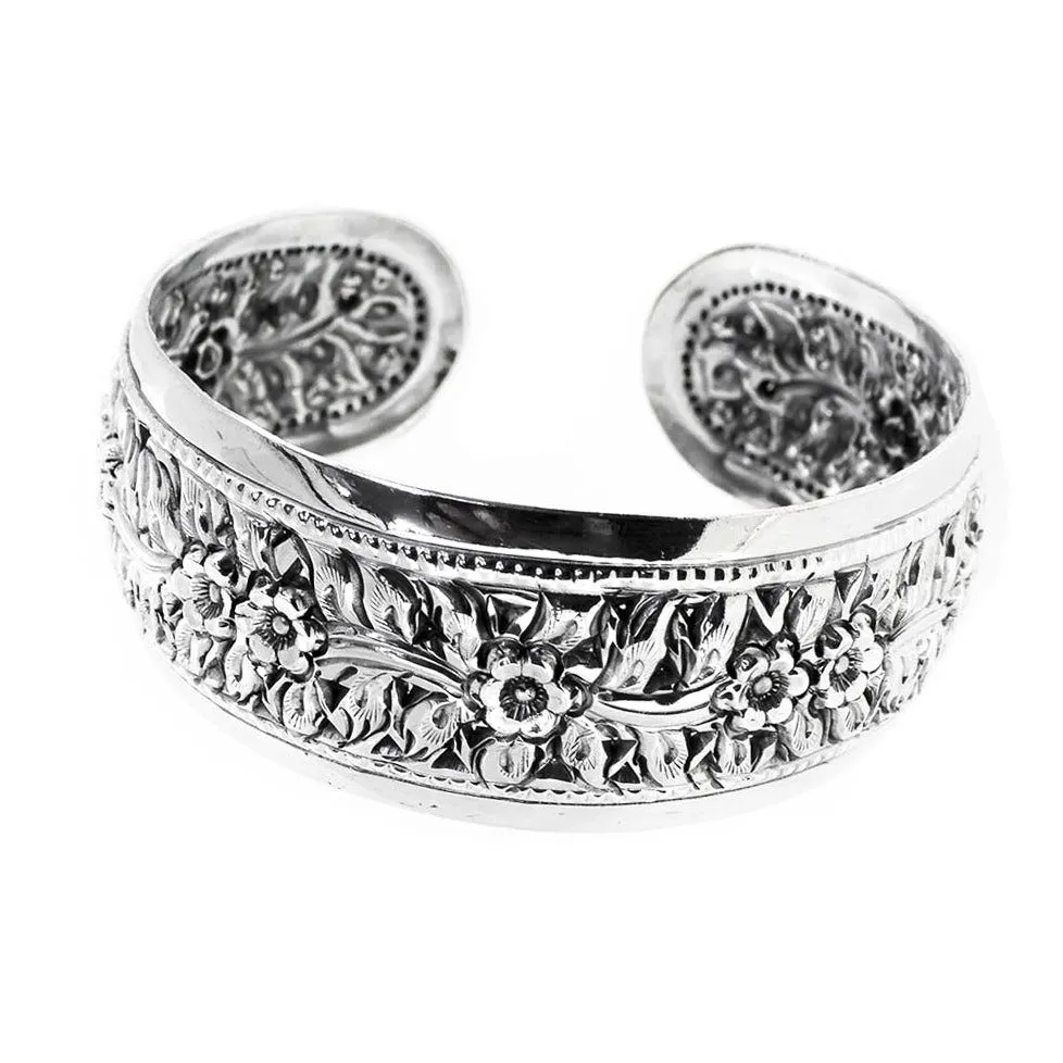 Statement Silver Bangle Intricate Floral Cuff for Ladies and Girls