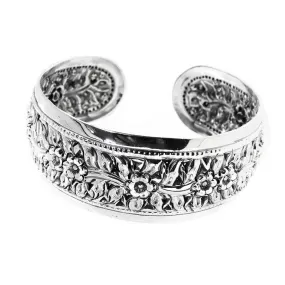 Statement Silver Bangle Intricate Floral Cuff for Ladies and Girls