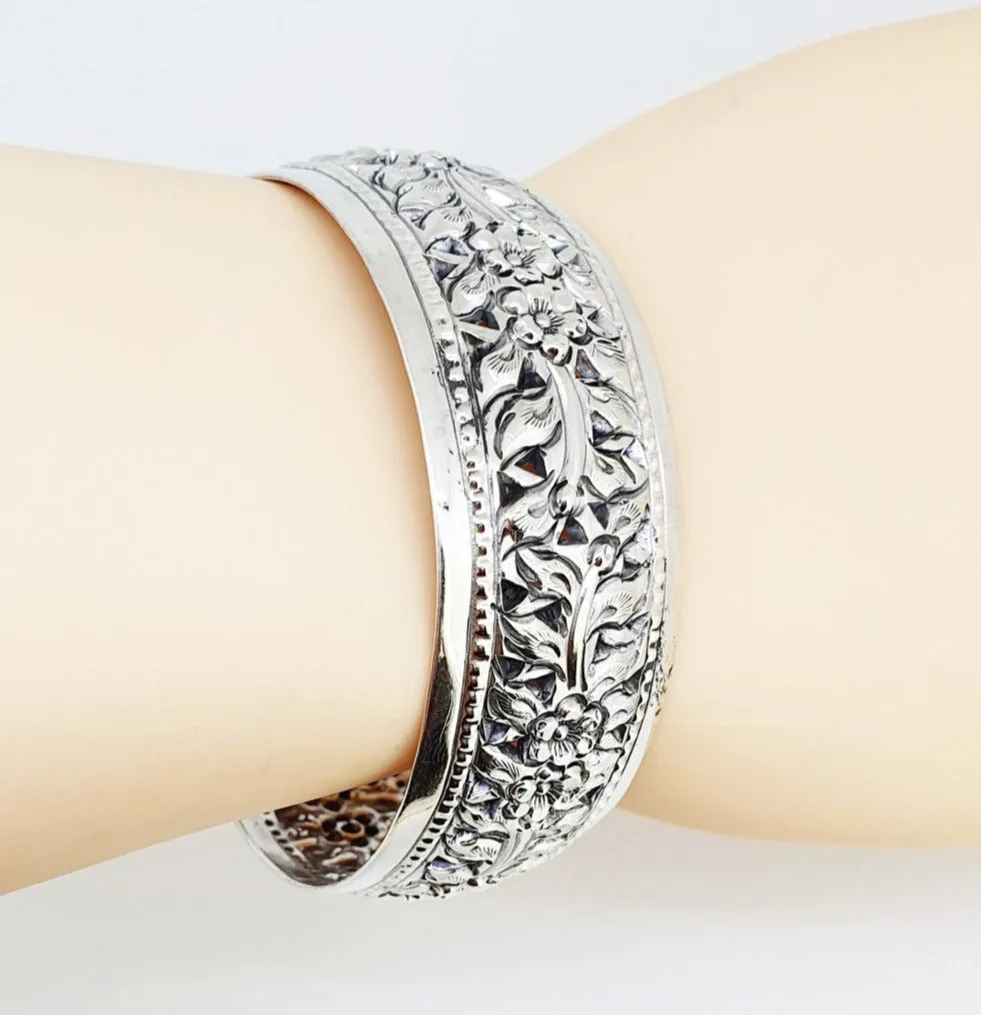 Statement Silver Bangle Intricate Floral Cuff for Ladies and Girls
