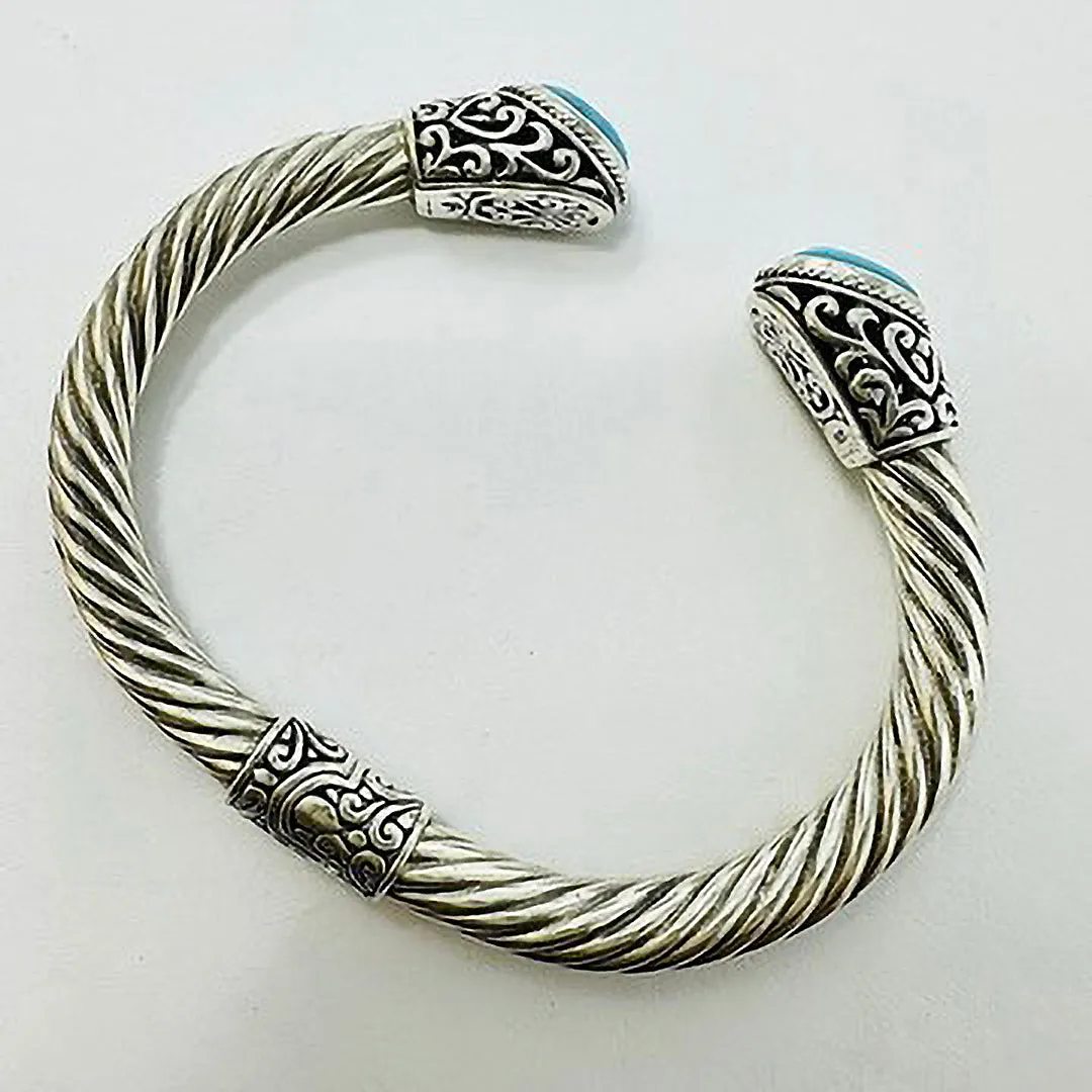 Sterling Silver  Classic Cable Cuff Bracelet with Turquoise Inlay