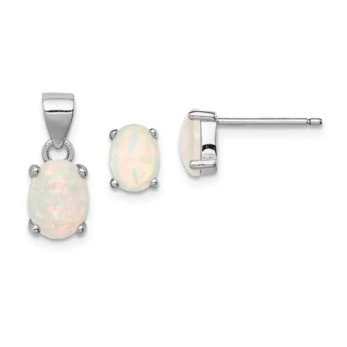 Sterling Silver Created Oval Opal Pendant & Earrings Set