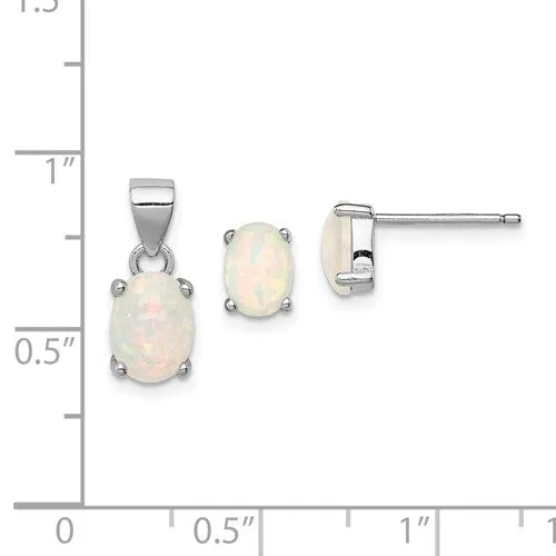 Sterling Silver Created Oval Opal Pendant & Earrings Set
