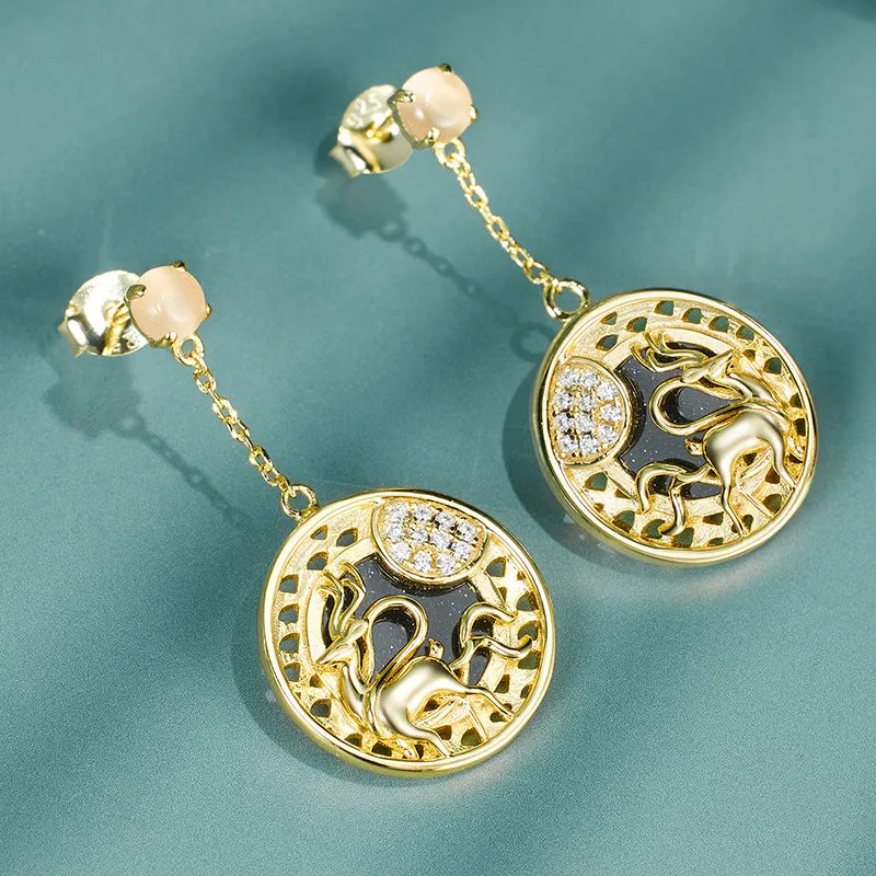 Tassel Moonlight Deer Round Pendant Zircon Sterling Silver Drop Earrings