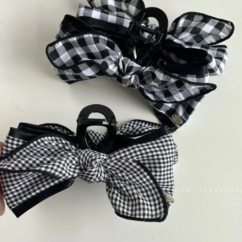 TAVIMART  -  Mori plaid bow large grab clip silver label new retro Japanese versatile plate hairpin women's hair accessories