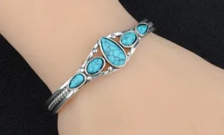 TEARDROP TURQUOISE COLOR STONE SILVER CUFF BRACELET (sold by the piece)