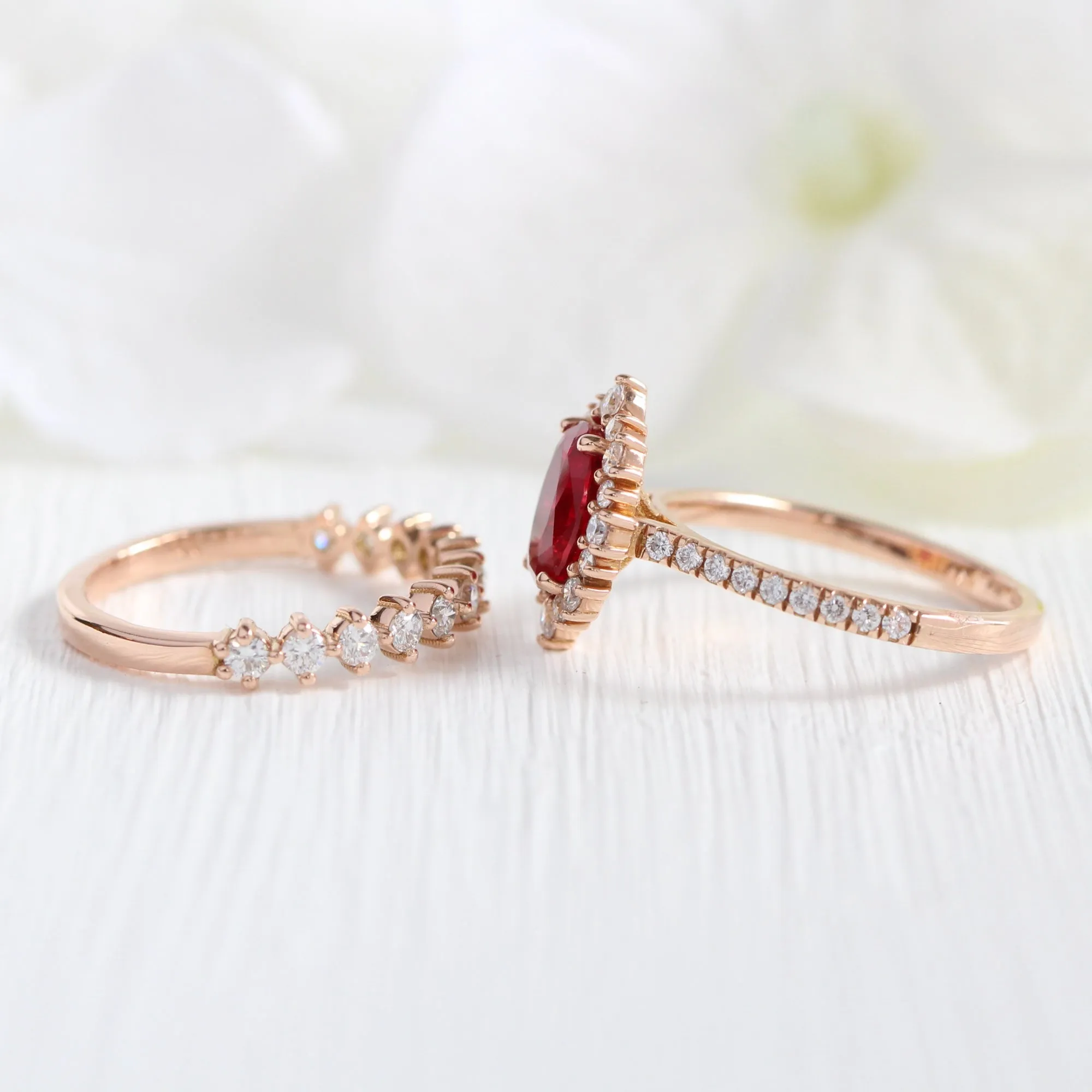 Tiara Halo Oval Ruby Bridal Ring Set w/ Half Eternity Diamond Wedding Band