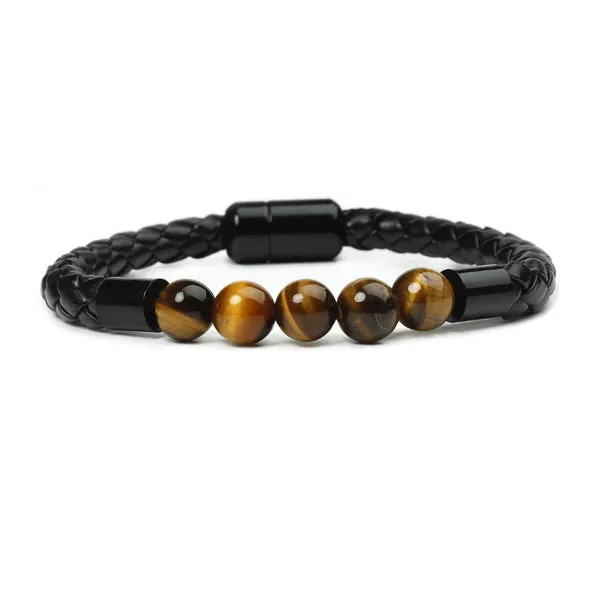 Tiger Eye Stone Beaded Braided Leather Magnetic Bracelet (Circumference 18.5cm) 虎眼石串珠真皮編織磁扣手鍊 (鍊長 18.5cm) KJBR16235