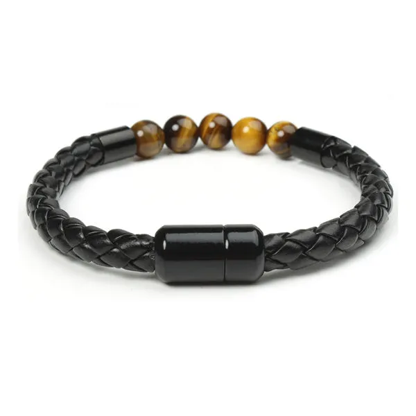 Tiger Eye Stone Beaded Braided Leather Magnetic Bracelet (Circumference 18.5cm) 虎眼石串珠真皮編織磁扣手鍊 (鍊長 18.5cm) KJBR16235