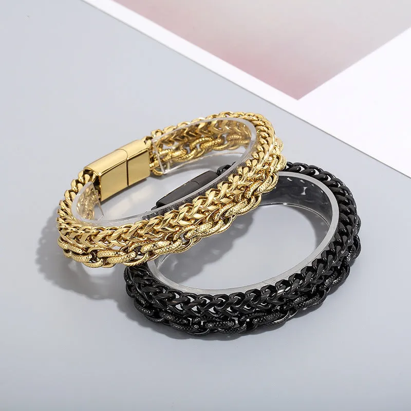 Trendy Punk Rock Double-Layer Stainless Steel Bracelet for Men - Korean-Inspired Titanium Cross-Border Jewelry Gift