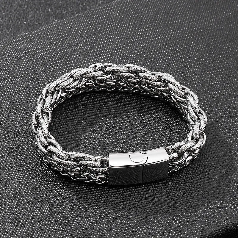 Trendy Punk Rock Double-Layer Stainless Steel Bracelet for Men - Korean-Inspired Titanium Cross-Border Jewelry Gift