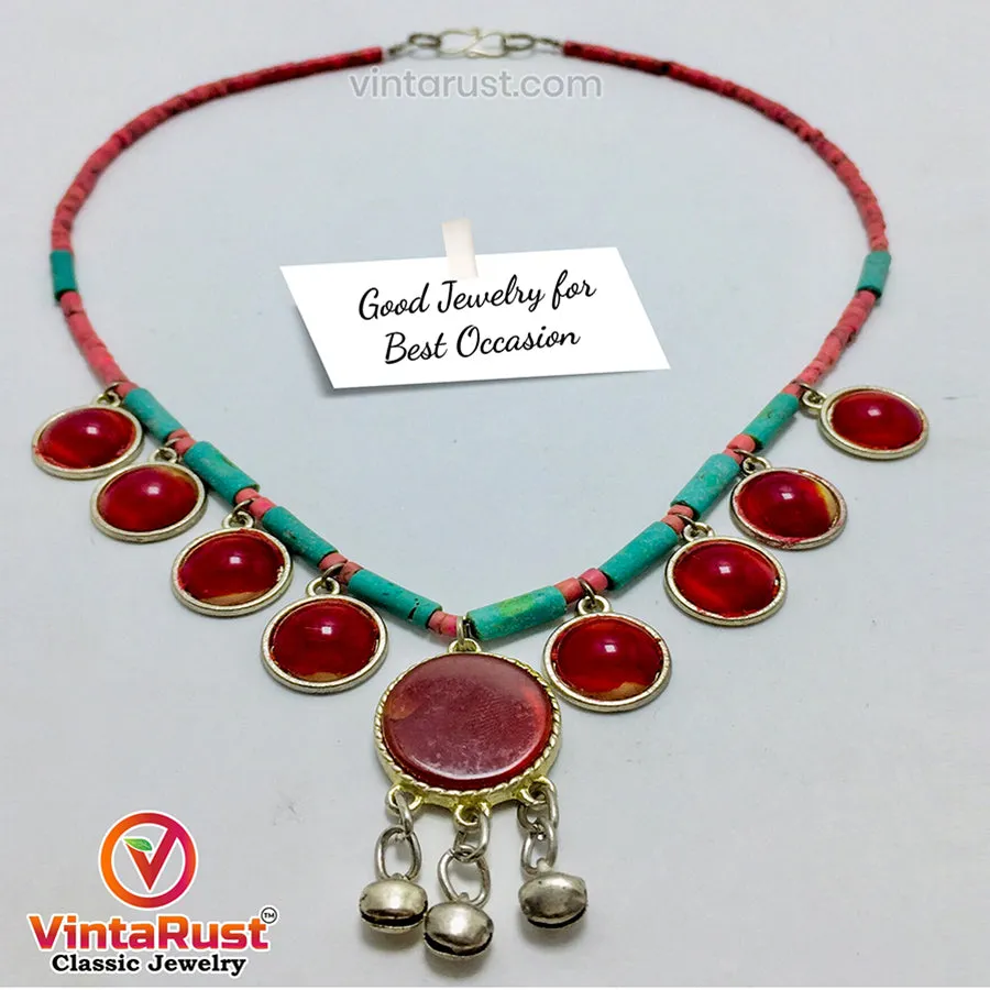 Tribal Beaded Chain Choker Necklace With Glass Stones