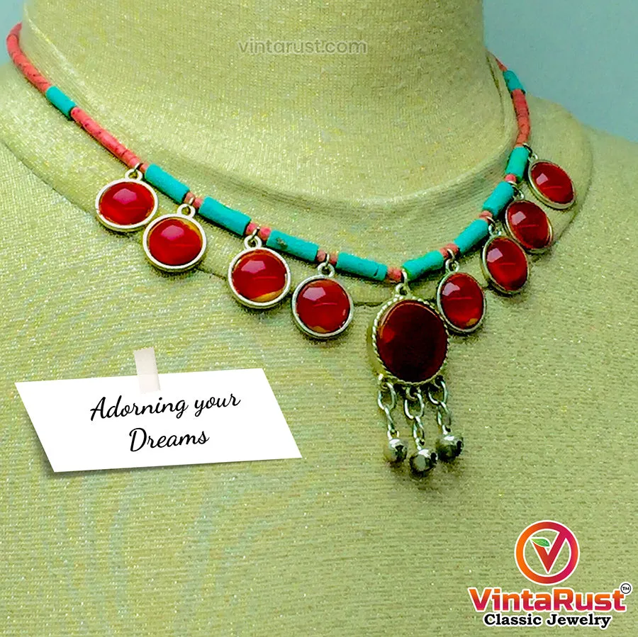 Tribal Beaded Chain Choker Necklace With Glass Stones