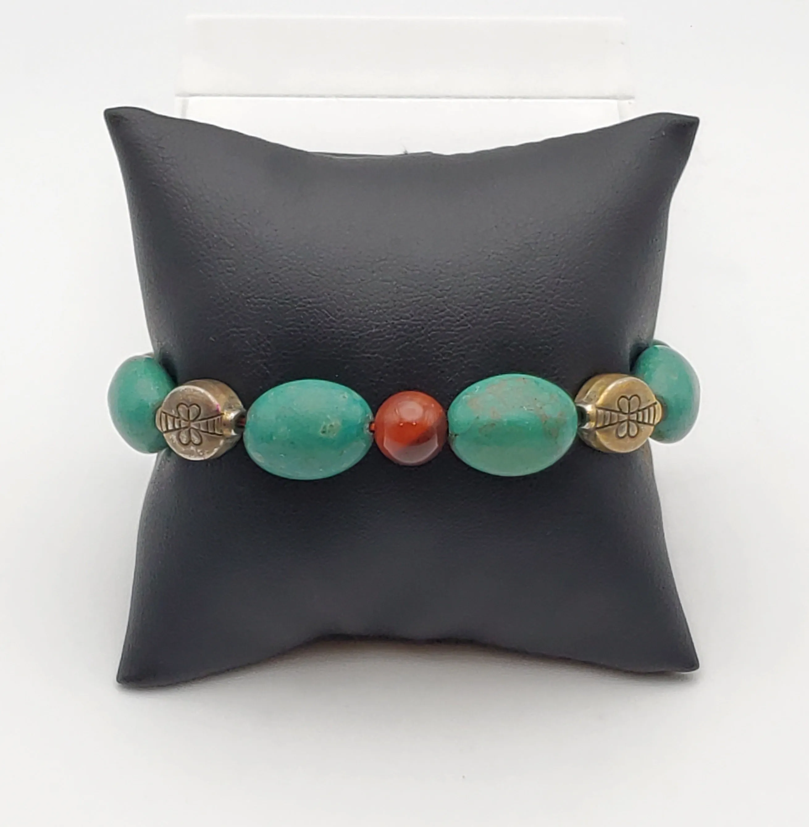 Turquoise, Carnelian and Brass Beaded Stretch Bracelet