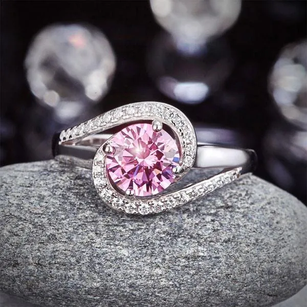 Twist Curl 925 Sterling Silver Wedding Engagement Ring 1.25 Ct Fancy Pink Simulated Diamond