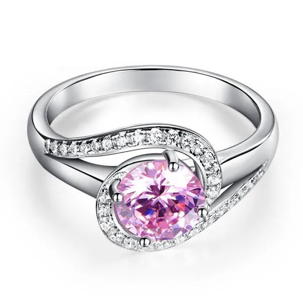 Twist Curl 925 Sterling Silver Wedding Engagement Ring 1.25 Ct Fancy Pink Simulated Diamond