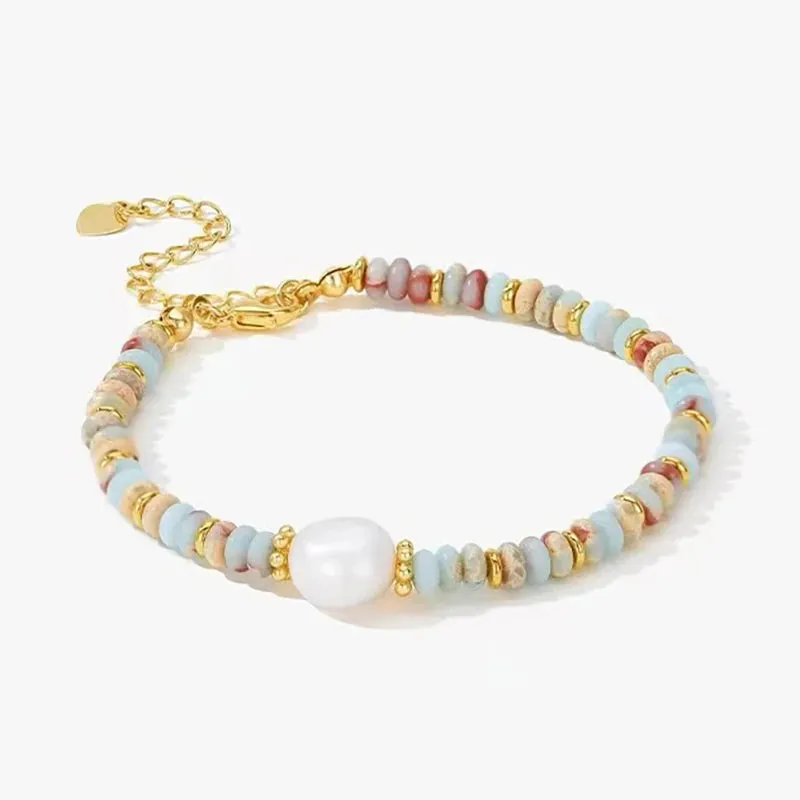 VAIGE Elegant Natural Stone Bead and Pearl Pendant Bracelet - Unique Geometric Design with Copper Alloy Clasp for Fashion Jewelry Lovers