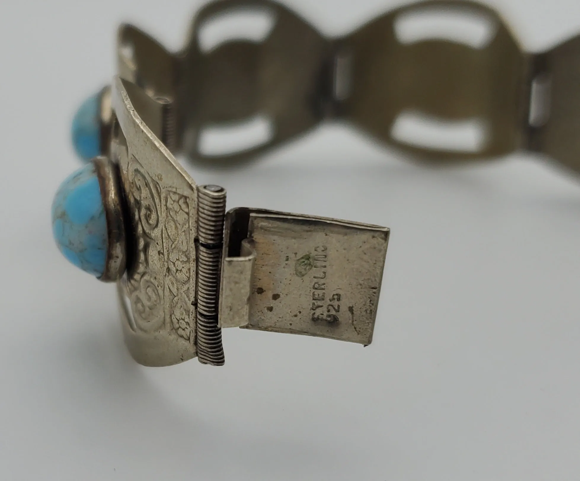 Vintage Handmade Sterling Silver Faux Turquoise Cabochon Panel Link Bracelet