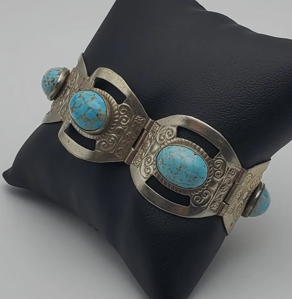 Vintage Handmade Sterling Silver Faux Turquoise Cabochon Panel Link Bracelet