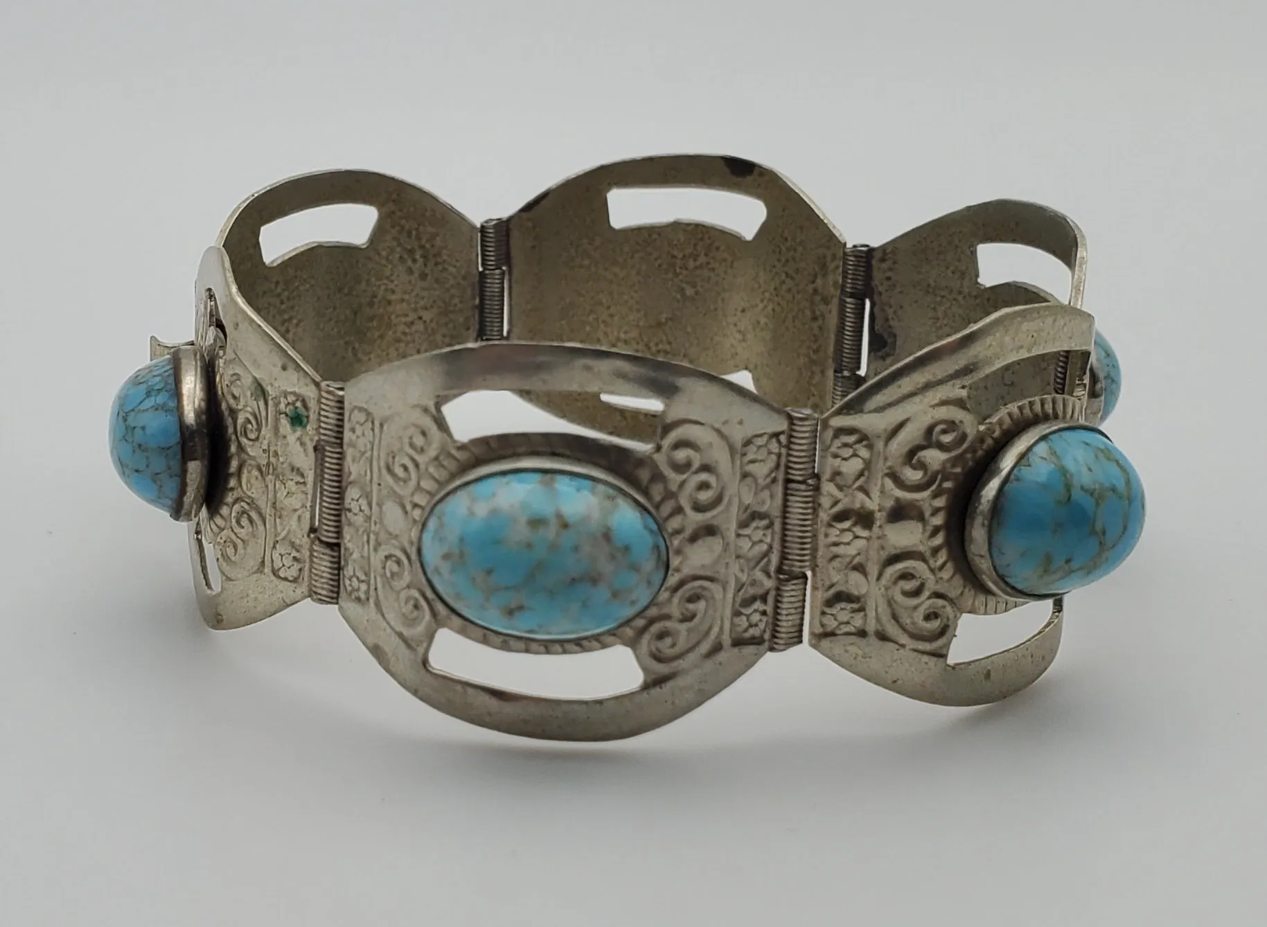 Vintage Handmade Sterling Silver Faux Turquoise Cabochon Panel Link Bracelet