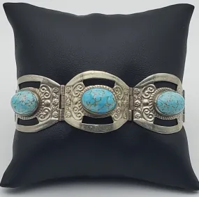 Vintage Handmade Sterling Silver Faux Turquoise Cabochon Panel Link Bracelet