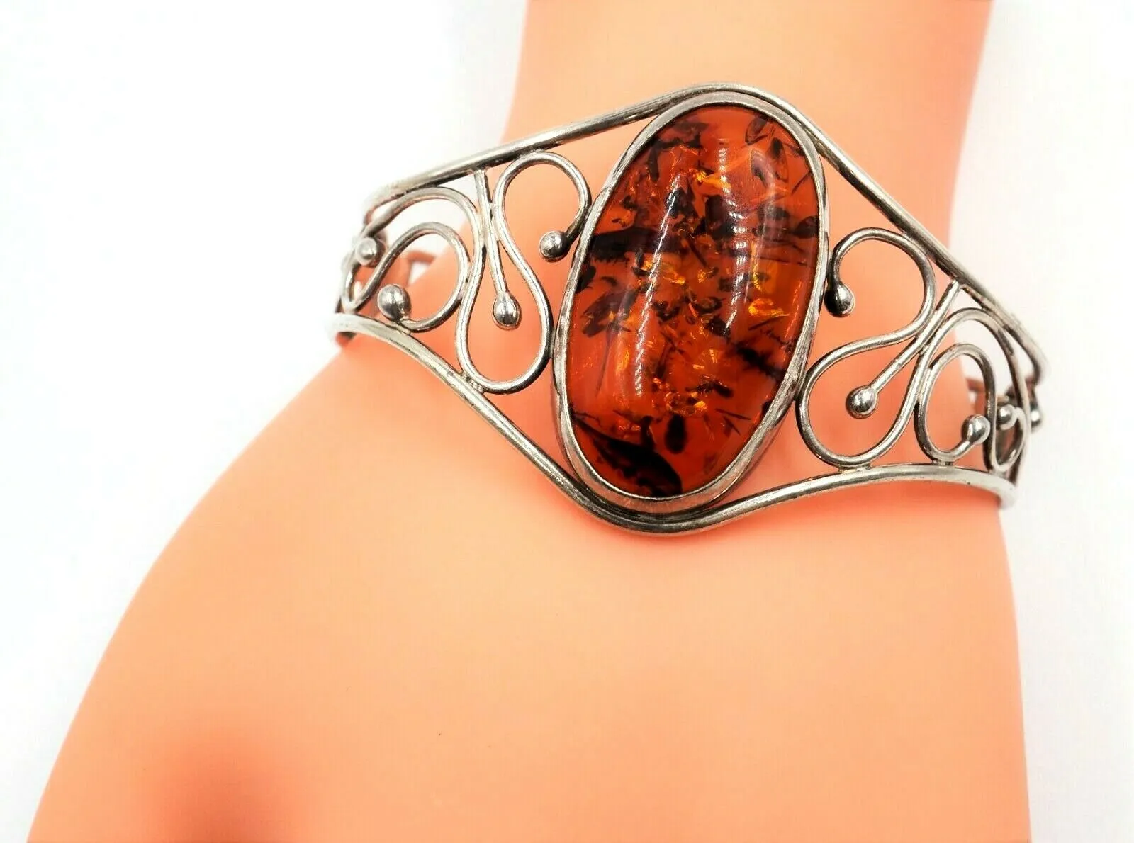 Vintage Sterling Silver Amber Bangle