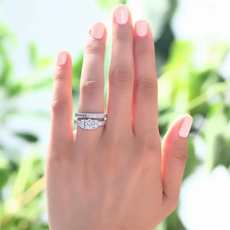 Vintage Style 1 Carat Simulated Diamond Sterling 925 Silver 2-Pc Wedding Engagement Ring Set