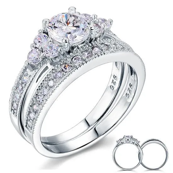 Vintage Style 1 Carat Simulated Diamond Sterling 925 Silver 2-Pc Wedding Engagement Ring Set