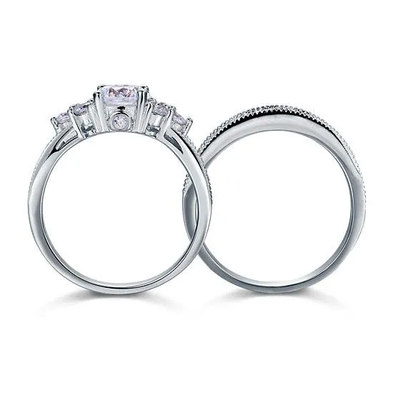 Vintage Style 1 Carat Simulated Diamond Sterling 925 Silver 2-Pc Wedding Engagement Ring Set