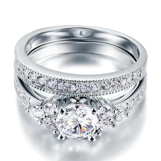 Vintage Style 1 Carat Simulated Diamond Sterling 925 Silver 2-Pc Wedding Engagement Ring Set